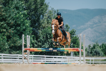 Equestrian jumping competition with a skilled rider on a brown horse clearing a colorful hurdle in...