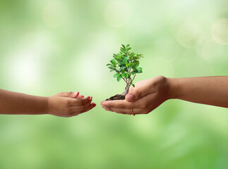 Save our planet, save our future. Earth day 3d concept background. Ecology concept. Mother and kid hand concept.