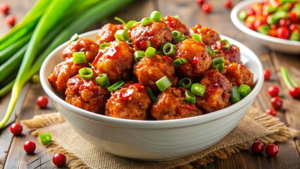 Vibrant Gobi Manchurian dish arranged artfully in a white ceramic bowl, garnished with fresh green...