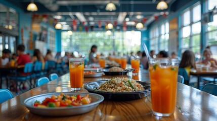 A clean and orderly school cafeteria with children enjoying their meals