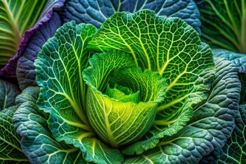 Obraz premium A close-up of a vibrant, layered arrangement of cabbage leaves displays intricate veins and varying shades of green, evoking a sense of natural serenity.