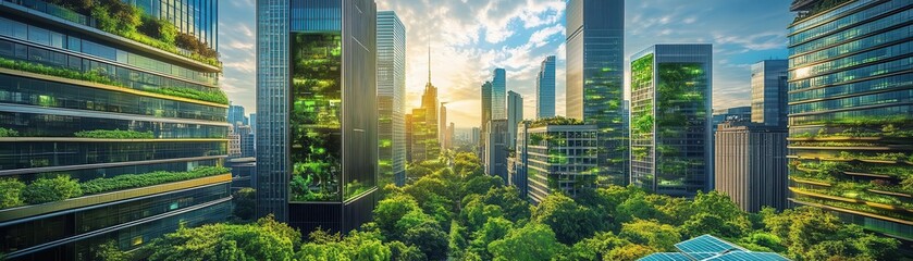 Fototapeta premium A modern urban landscape with green buildings and lush foliage, showcasing sustainability in architecture and city planning.