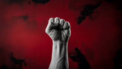 Close-up of a fist raised in the air on red background, Raised fist against an abstract red background