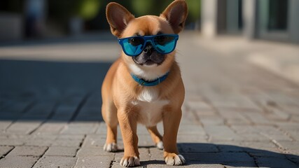 The dog in blue sunglasses