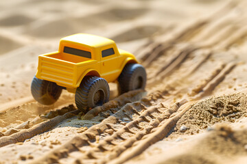 Yellow toy truck driving through sand.