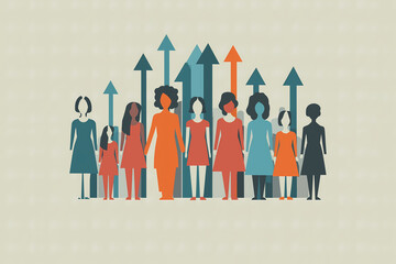 Stylized graphic illustration of diverse women standing together with upward arrows rising above them, symbolizing female empowerment, progress, and solidarity.