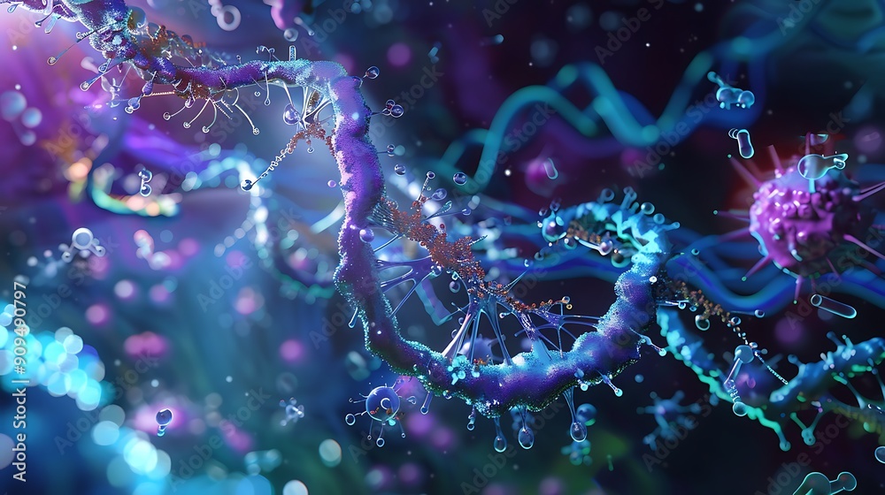 Poster 3d rendering of a dna double helix with a vibrant abstract background, emphasizing the complex struc