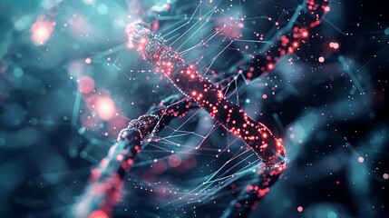 3D rendering of a DNA strand with a futuristic and abstract style. The glowing helix structure is surrounded by a network of lines and particles, emphasizing the complex and intricate nature of DNA.