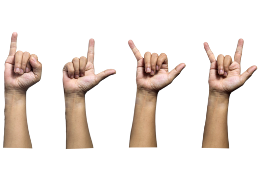 hand signs forming the symbols "I", "L", "Y", and "I love you" in sign language, perfect for educational, communicative, and cultural projects. Isolated transparent background 