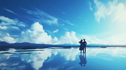 Naklejka premium カップルのシルエット、塩湖の背景5