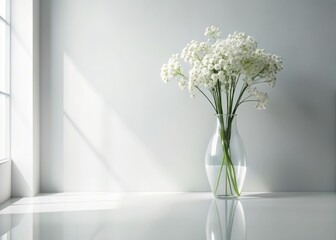 Sleek modern interior featuring a stunning vase filled with white flowers against a pristine white backdrop, evoking a sense of minimalist elegance and sophisticated home decor.