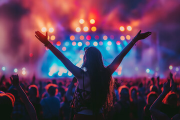 Young happy woman is dancing and hand up in a music concert. 