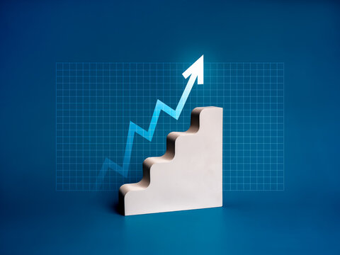 Rising glow arrows on white stairway as business chart steps on grid, blue background. Business economic and marketing growth graph process, higher goal, success, profit, financial investment concept.