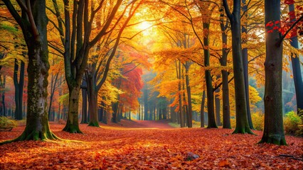 A peaceful autumn day in the forest with colorful leaves on the ground and trees, autumn, forest, fall, nature, tranquil