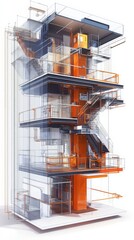 Modern architectural design of a multi-story building showcasing stylish staircases and transparent elements.