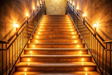 Obraz premium Empty staircase with warm lighting, focusing on the steps and railing, conveying a sense of intimacy and nostalgia, perfect for family bonding scenes.