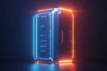 3D render of a secure server with glowing blue lines and locks, symbolizing cybersecurity, isolated with copy space
