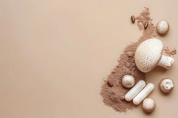 Mushroom powder, capsules, and fresh mushrooms on a beige background. The image has a natural, organic aesthetic.