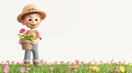 A 3D clipart of a gardener holding a pot of flowers, in a colorful garden, white background.
