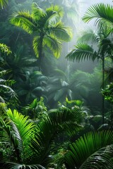 Lush Tropical Rainforest with Sunlight Filtering Through Dense Green Foliage and Tall Palm Trees