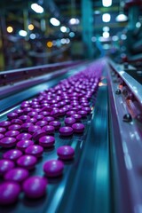 Fototapeta premium Close-Up of Pink Pills on a Conveyor Belt in a Pharmaceutical Manufacturing Plant