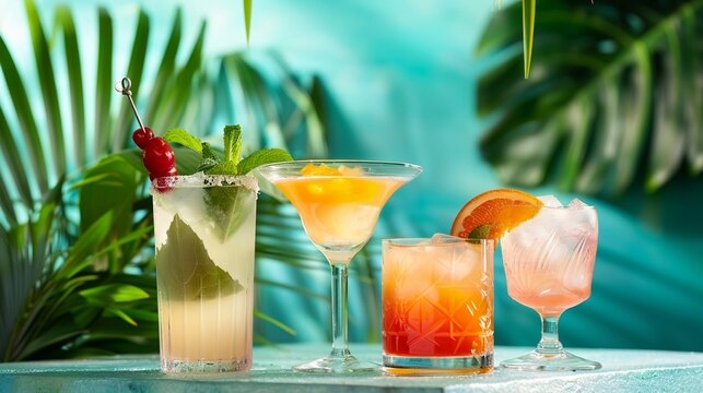 Exotic cocktail creations, tropical backdrop, mixologist's flair