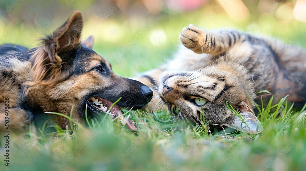 Wall mural A dog and cat playing together in the grass, with both of them looking happy and relaxed