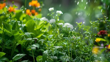 Obraz premium Fresh herb garden, culinary varieties, morning dew