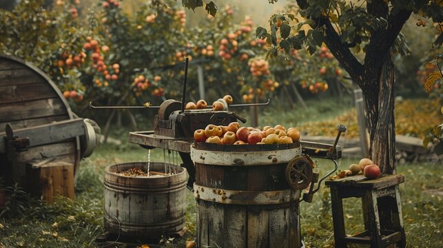 Farmhouse cider making, apple harvest, rustic press