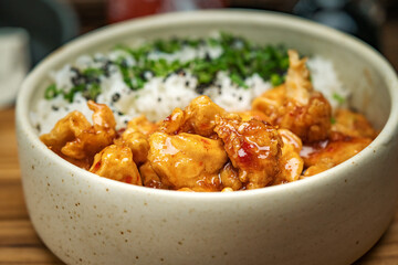 pollo a la naranja con arroz blanco, cebollin y ajonjoli