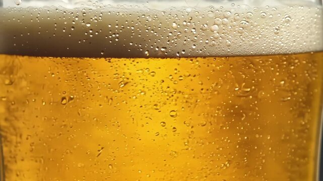 Slow motion shot of beer being poured showing the intricate pattern of bubbles forming.