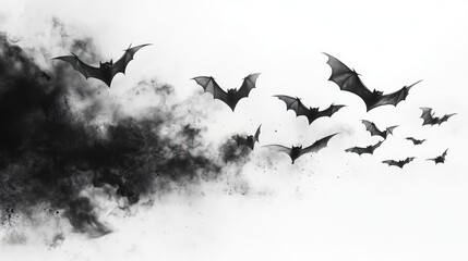 Flock of bats with black smoke flying isolated on white background.



