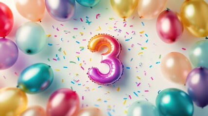 Festive balloons in bright hues encircling the number "3" in the center, creating a cheerful atmosphere for a third birthday party