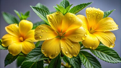 Obraz premium Vibrant yellow Turnera diffusa flowers with delicate water droplets on petals and leaves, showcasing intricate details on stems, against a clean, neutral background.