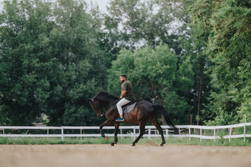 Man riding a horse on an equestrian field with lush green trees in the background. A serene and...