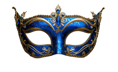 A close-up shot of a beautiful blue and gold Venetian mask with intricate details and sparkling gemstones.