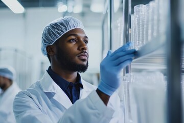 Portrait of a factory production worker inspecting finished products, Generative AI
