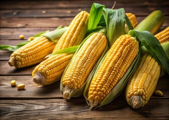 Freshly harvested golden yellow corn on the cob with plump kernels and green husks, arranged artfully on a rustic wooden table or kitchen counter.