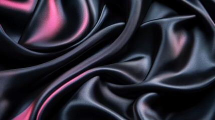 Fototapeta premium Close-up of black satin fabric with pink highlights, abstract background