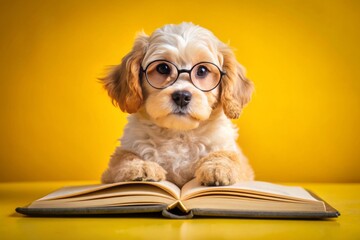 Adorable pup in trendy glasses reclines on open book, surrounded by yellow background, with copyspace, conveying relaxation, cuteness, and academic whimsy.