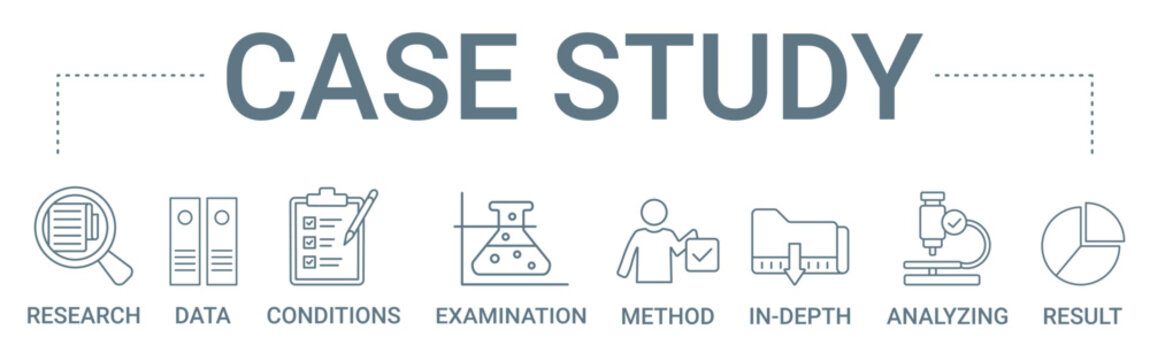 Case Study concept banner icon contain of research, data, conditions, examination, method, in-depth, analyzing, and result vector illustration