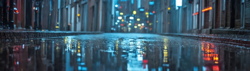 Photograph city street night wet there are puddles Rainy Alleywa