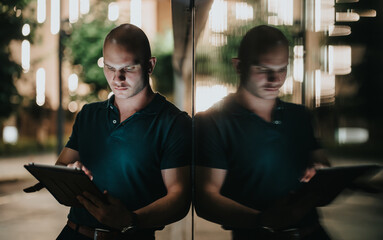 Man using tablet at night next to reflective glass wall with city lights. Concept of business,...