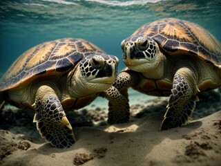 two turtles together in sea underwater