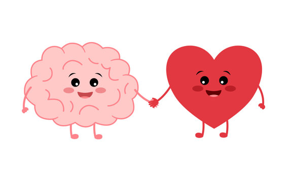 Cheerful cartoon brain and heart characters holding hands. Mind and feeling harmony concept. 