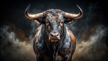 Fierce wild bull with mud-stained coat and sharp horns stands alone on dark background, symbolizing power and intensity of iconic Spanish festival tradition.