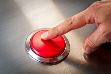 Close-up of a solitary finger poised to press a large, bright red button with a metallic sheen, set against a neutral, monochromatic background.