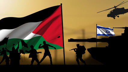 Silhouette of Palestinian protesters against Israeli soldiers, with a blurred war zone in the...
