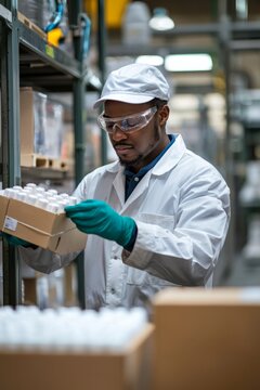 Portrait of a factory production worker labeling finished goods, Generative AI