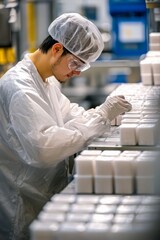 Portrait of a factory production worker labeling finished goods, Generative AI